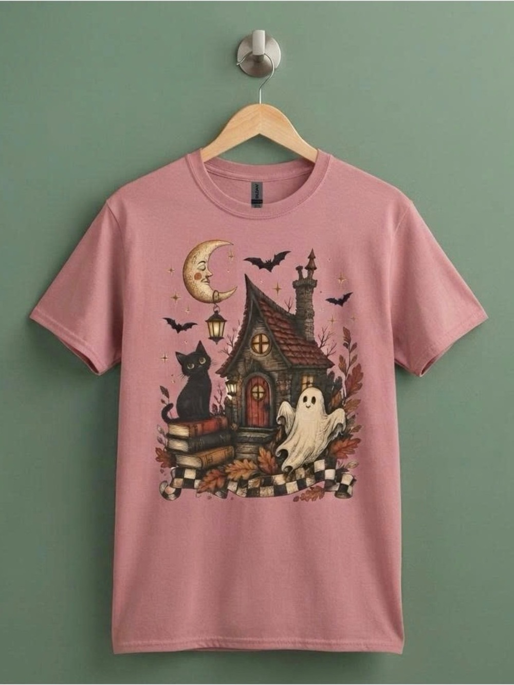 Gildan Spooky Haunted House Ghost Black Cat Graphic Tee Pink